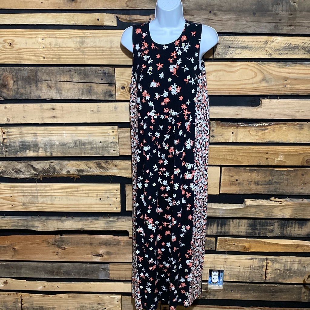 J. Jill Sleeveless Long Dress Floral Pattern Small Black Multi-Color Stretch